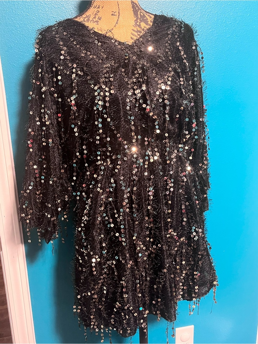 Black Sequin Fringe Evening Dress
